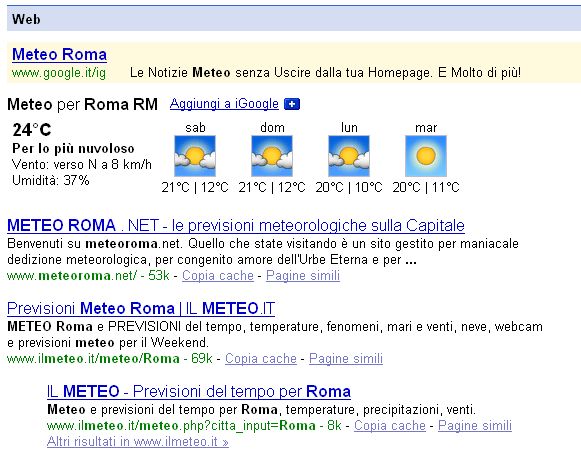 Estratto della pagina dei risultati per la ricerca di Meteo Roma